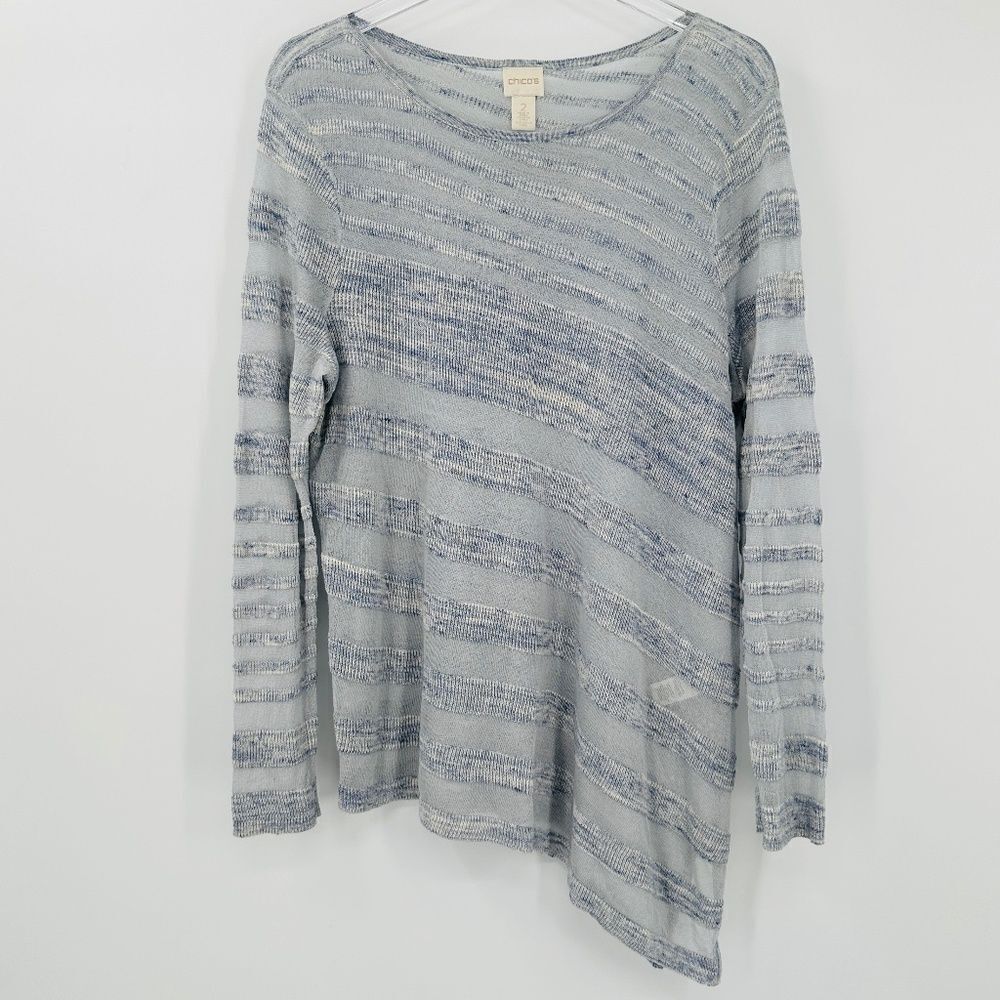 Chico’s Size 2 Medium Blue Striped Thin Knit Long Sleeve Asymmetric Hem Top